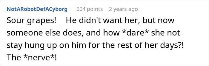 Screenshot of a comment discussing jealousy at a wedding involving a husband and a girl he led on for years.