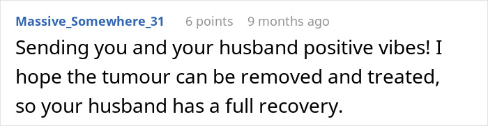 Reddit comment offering positive vibes and hope for a full recovery from a heartbreaking cancer diagnosis.