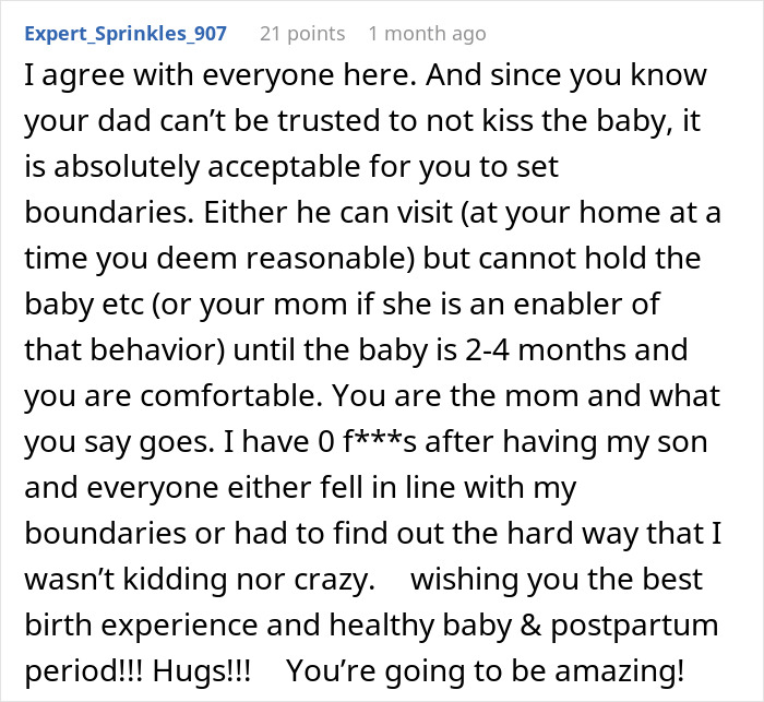 Comment discussing dad wanting front-row seat to daughter's delivery but respecting her boundaries and postpartum wishes.