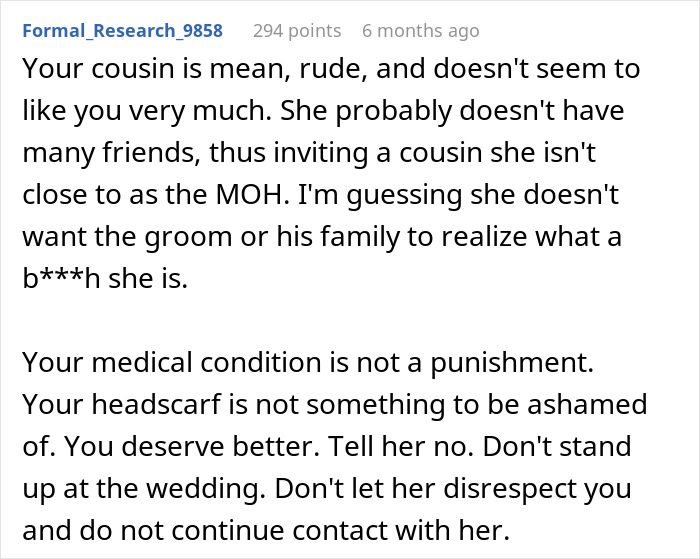 Comment advising a bride that alopecia is not punishment and encouraging her cousin to wear her headscarf proudly.