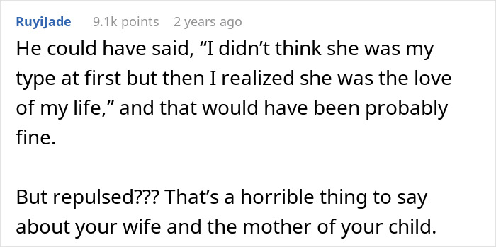 Screenshot of a forum comment discussing a man admitting he found his wife repulsive on their first date and the impact of his words.