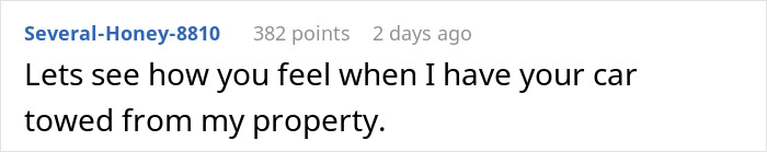 Comment text on a white background discussing a car being towed from property related to a teen parking on neighbor’s land. Comment text on a white background discussing a car being towed from property related to a teen parking on neighbor’s land.