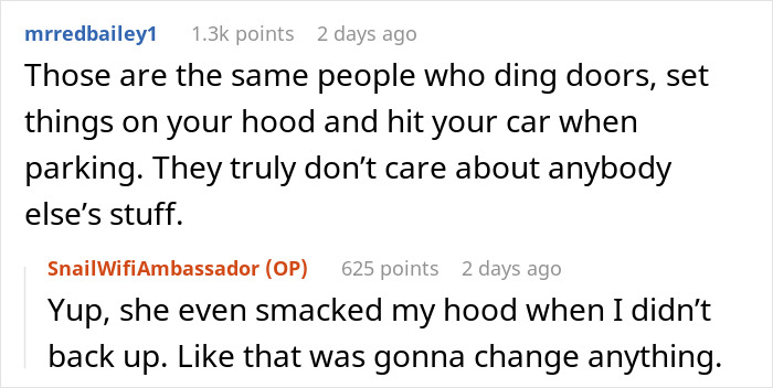 Screenshot of a conversation about parking spot conflicts with Karen trying to save a spot for her husband.