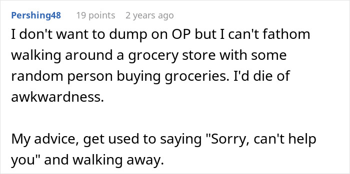 Commenter advising caution while grocery shopping to avoid scams and awkward situations in stores. Commenter advising caution while grocery shopping to avoid scams and awkward situations in stores.