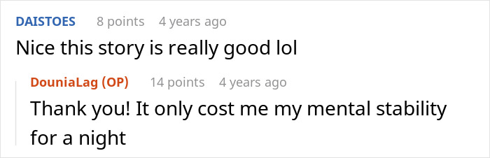 Comment conversation screenshot showing a user praising a babysitter dyes girls&rsquo; hair pink story and a reply about mental stability loss.