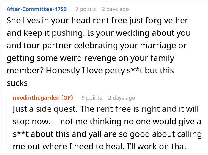 Reddit conversation discussing a woman's wedding revenge and controversy over making the wedding about another woman.