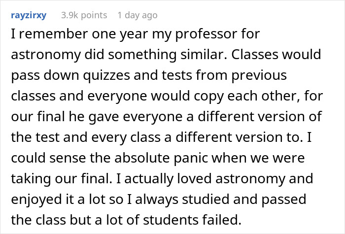 Student recalls professor handing out multiple quiz versions to catch cheaters and prevent copying in final exams.