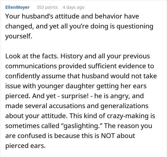 Text excerpt discussing a dad's anger and gaslighting after his wife took their daughter to get her ears pierced. Text excerpt discussing a dad's anger and gaslighting after his wife took their daughter to get her ears pierced.
