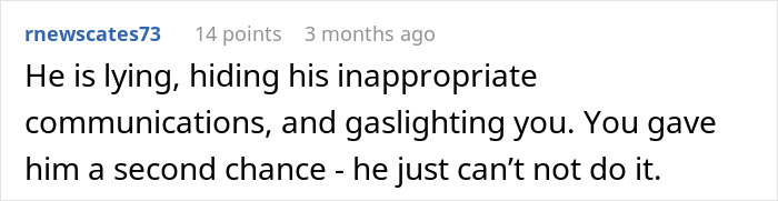 Comment about man gaslighting wife and regret after marriage fails, highlighting emotional abuse and relationship struggles.