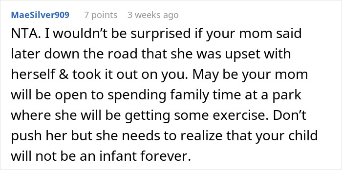 Comment from MaeSilver909 discussing concerns about obese mom babysitting newborn and suggestions for family exercise time.