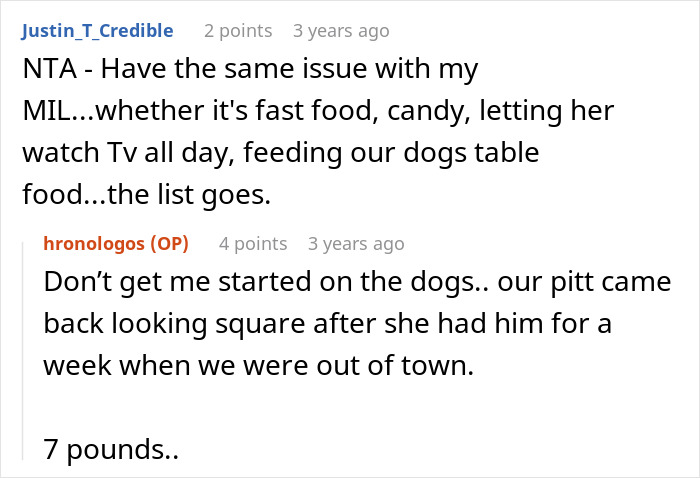 Screenshot of an online discussion where a mom refuses to leave kids with MIL due to constant fast food feeding concerns.
