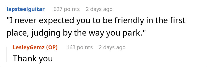 Screenshot of an online discussion about a teen parking on neighbor's property and his mother defending him. Screenshot of an online discussion about a teen parking on neighbor's property and his mother defending him.