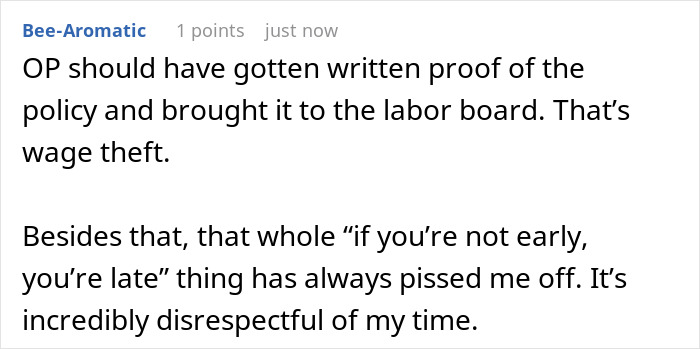 Screenshot of a forum comment criticizing a boss obsessed with punctuality and discussing worker disrespect over timing policies.