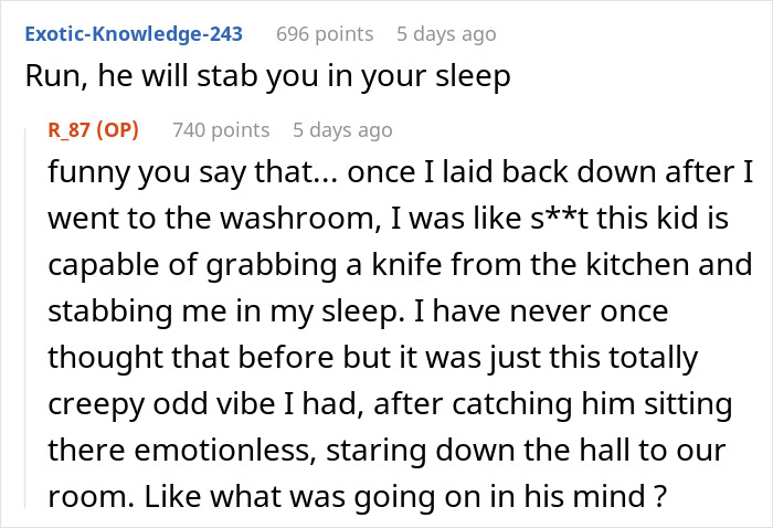 Screenshot of an online discussion about a man questioning his future with his girlfriend due to her 11-year-old son monitoring the bedroom.