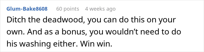Comment on AITAH post, discussing leaving husband after he refused to help with child, emphasizing independence and self-care. Comment on AITAH post, discussing leaving husband after he refused to help with child, emphasizing independence and self-care.