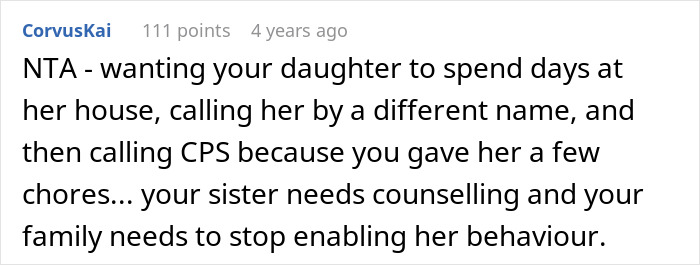 Comment discussing a dad teaching his daughter basic tasks and sister calling it neglect in a family dispute on social media.