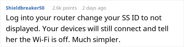 Screenshot of a user comment advising to change WiFi SSID to avoid an entitled neighbor’s complaints about WiFi and plants. Screenshot of a user comment advising to change WiFi SSID to avoid an entitled neighbor’s complaints about WiFi and plants.