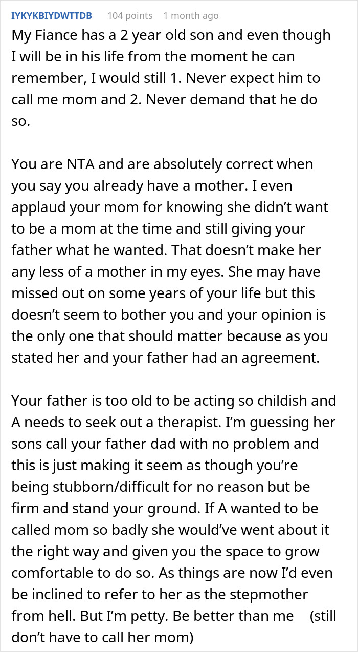 Comment discussing a teen refusing to accept a stepmother as mom and affirming they already have a mom.