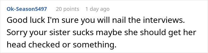 Comment discussing a person asking to be paid for babysitting niece and nephew, with mention of sister's harsh reaction.