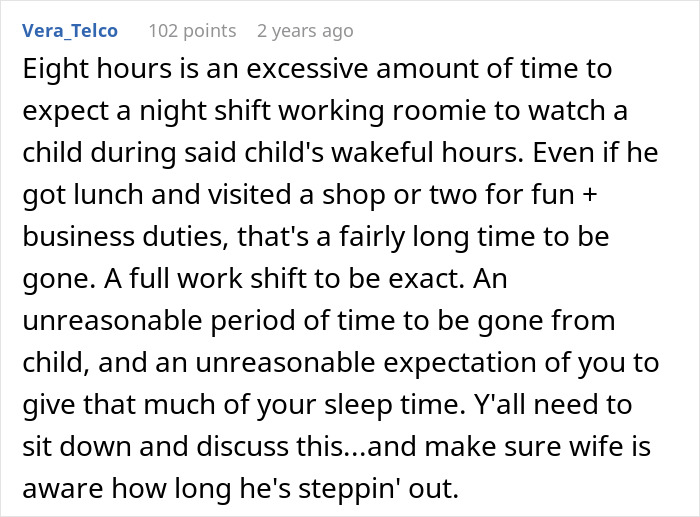 Comment explaining why man refuses to babysit roommate&rsquo;s kid after a night shift, highlighting the long hours and unfair expectation.