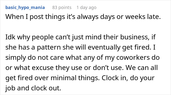 Commenter sharing opinions about coworkers&rsquo; behavior and consequences, relating to bottomless mimosa brunch discussions.