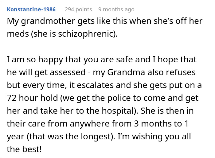 Comment text discussing a grandmother's schizophrenia and experiences with hospitalization and medication refusals.
