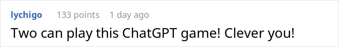 Reddit comment showing excitement about a ChatGPT game, posted by user lychigo with 133 points one day ago.