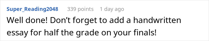 Screenshot of an online comment praising a teacher's method to catch cheaters with multiple quiz versions.