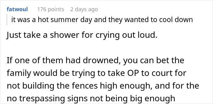 Reddit comment discussing neighbors sending their relatives to use the pool without consent on a hot summer day.