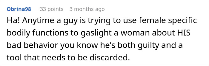 Comment highlighting how a man gaslights his pregnant wife, reflecting guilt and consequences after marriage fails.
