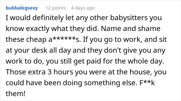 Comment discussing babysitters and families trying to avoid paying full amount when baby falls asleep during care.