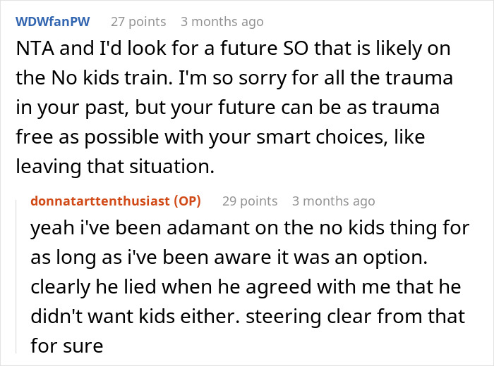 Reddit comments discussing a woman breaking up with boyfriend after he forces her to hold a newborn despite trauma.