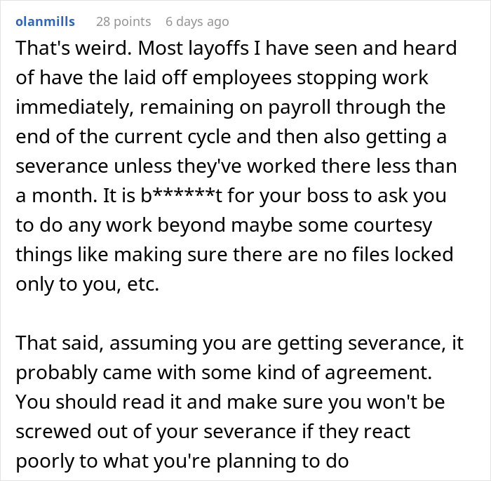 Comment discussing worker getting told to start a new project despite being fired and agreeing without intention to do it.