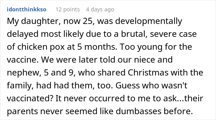 Comment discussing severe consequences of chicken pox on an unvaccinated child related to pregnant anti-vaxxer concerns.