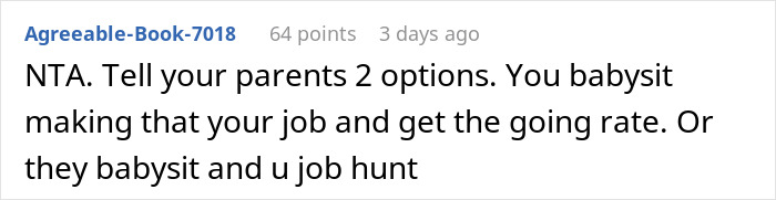 Text comment about babysitting niece and nephew, discussing payment and a sister's harsh reaction to the request.