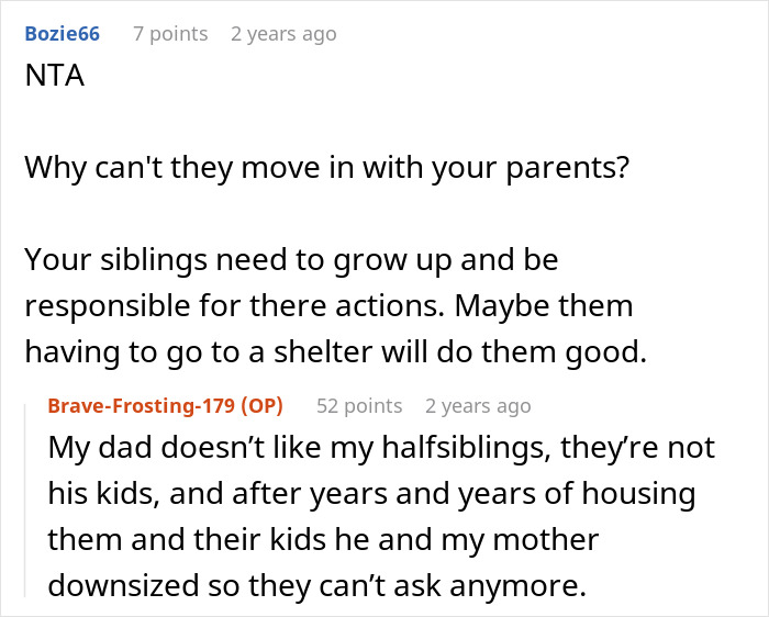 Screenshot of an online discussion about siblings turning on sister for refusing to turn her home into a shelter.