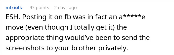 Reddit comment discussing the consequences of posting screenshots of SIL's texts online and making her look bad.