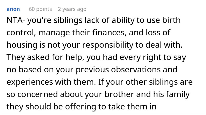Comment discussing siblings turning on sister after she refuses to turn her home into shelter for brother&rsquo;s family.
