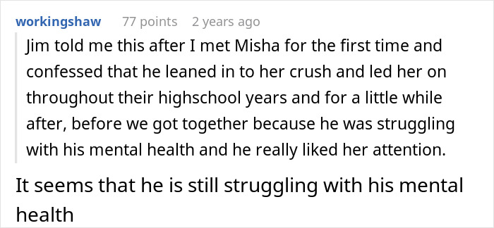 Text conversation discussing a husband who led on a girl for years and his jealousy at a wedding.