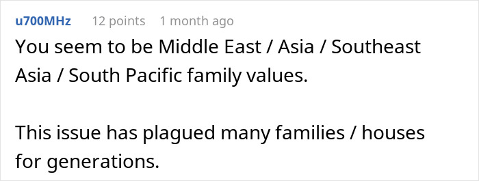 Screenshot of a Reddit comment discussing family values related to women and housewife roles in Middle Eastern and Asian cultures.
