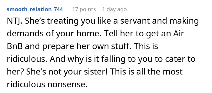 Screenshot of a Reddit comment criticizing a highly sensitive sister-in-law for making unreasonable demands in a home. Screenshot of a Reddit comment criticizing a highly sensitive sister-in-law for making unreasonable demands in a home.