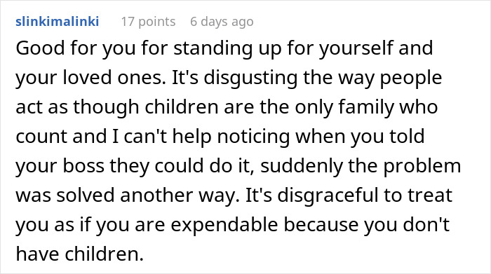 Comment highlighting unfair work risk assumptions for employees without kids, discussing standing up and workplace family bias.