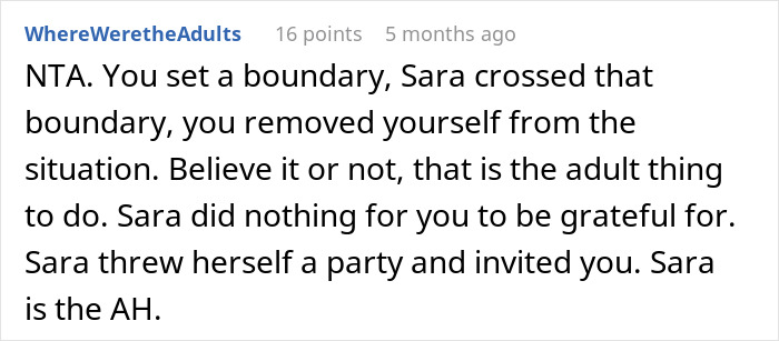 Comment from Reddit user WhereWeretheAdults discussing boundaries and reactions in a roommate surprise bash with 50 guests.
