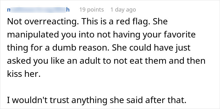 Comment discussing partner upset over strawberry allergy, highlighting manipulation and relationship trust concerns.