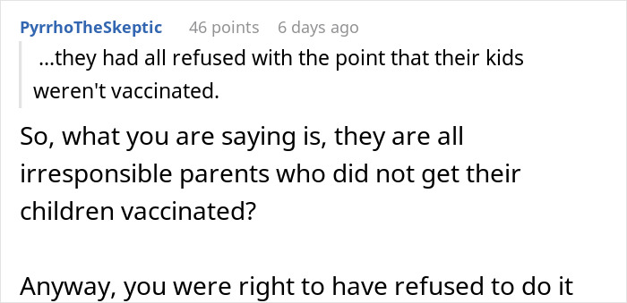 Screenshot of a Reddit comment discussing risks at work related to not having kids and vaccine refusal among parents.