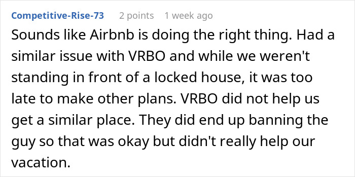 Reddit comment discussing issues with Airbnb and VRBO related to last-minute price changes and booking problems.