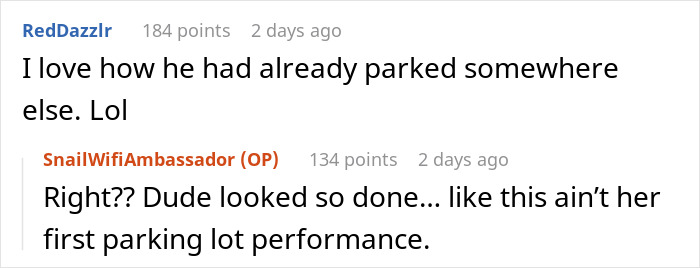 Online comment discussing a woman trying to save a parking spot for her husband and getting kicked out.