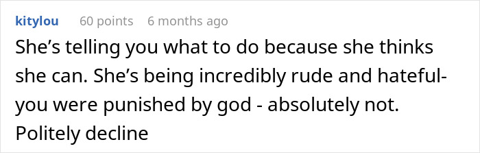 Screenshot of an online comment rejecting the idea that alopecia is a punishment from God, opposing the bride's view.