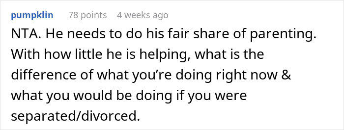 Screenshot of a comment discussing refusal to help with child and implications for leaving husband in parenting dispute. Screenshot of a comment discussing refusal to help with child and implications for leaving husband in parenting dispute.