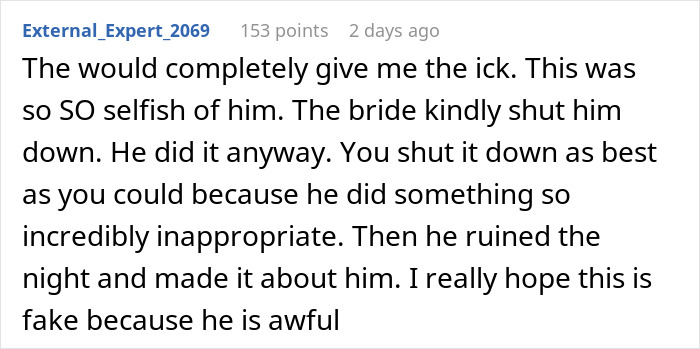 Screenshot of a Reddit comment discussing stopping a boyfriend&rsquo;s proposal at a best friend&rsquo;s wedding as inappropriate behavior.
